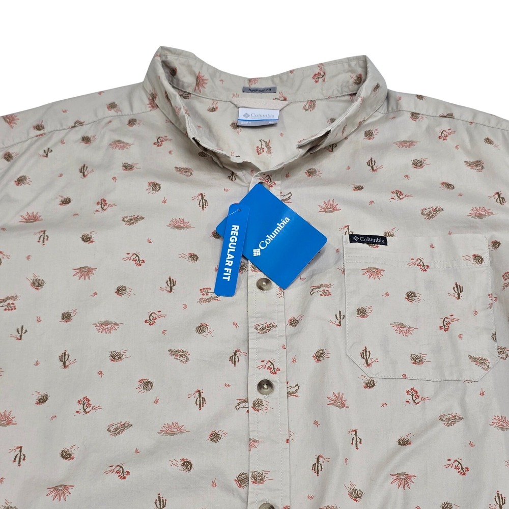 Columbia Button Down Mens XL Tan Desert Cactus Print Short Sleeve Regular Fit